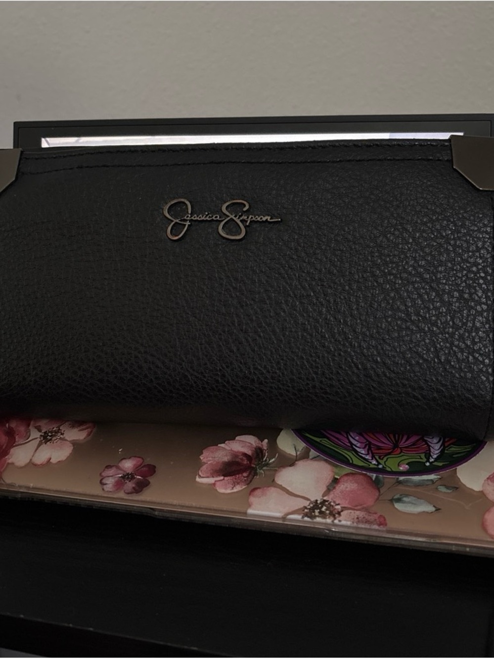 Jessica Simpson Black Textured Wallet with Silver Accents